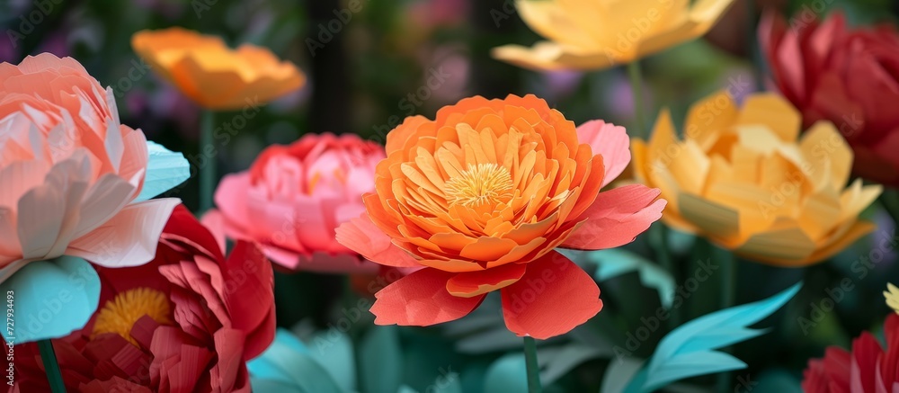 Beautiful Paper Flowers in the Enchanting Garden: A Beautiful Display of Handcrafted Paper Flowers Brings Vibrant Beauty to the Serene Garden Setting Beautiful Paper Flowers in the Enchanting Garden: A Beautiful Display of Handcrafted Paper Flowers Brings Vibrant Beauty to the Serene Garden Setting