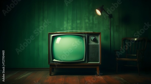 Retro old TV It's still life with green screen in dark room