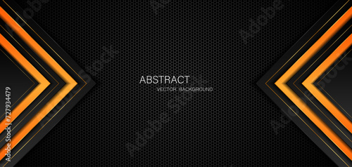 Abstract black and orange polygon with golden glow lines overlaid on dark steel mesh background with free space for design.