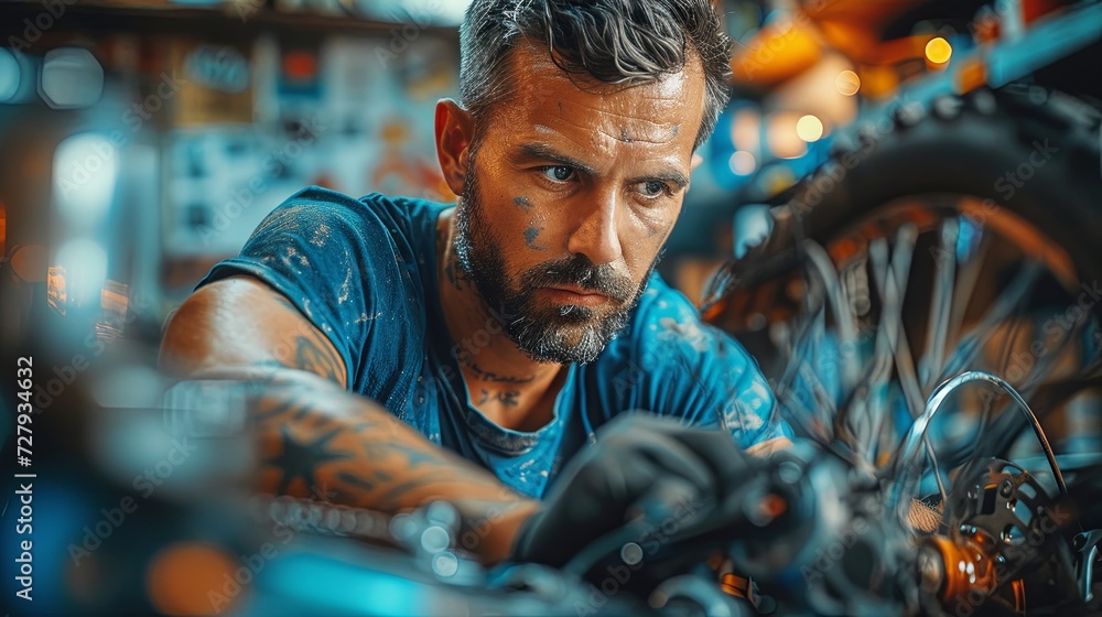 Man Repairing Bike in Shop