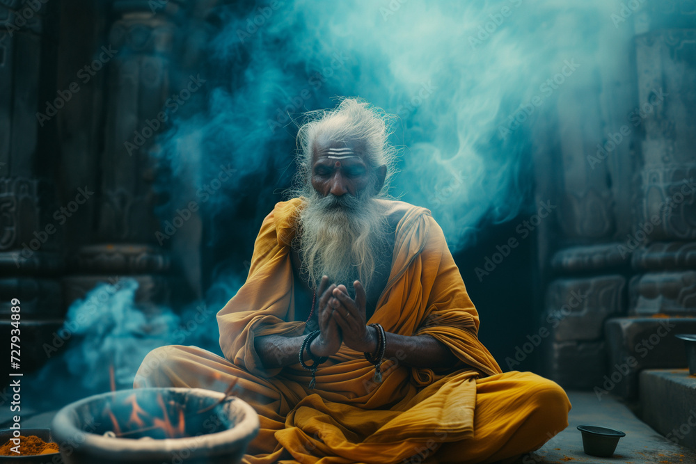 Fototapeta premium spiritual Indian old man celebrates religious ritual