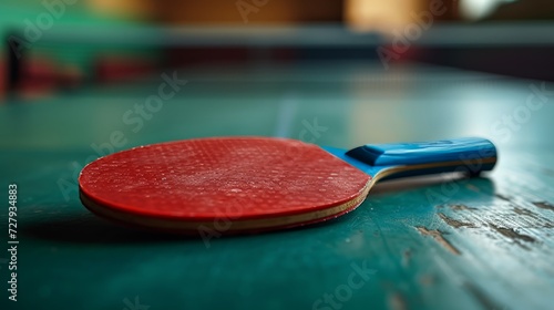 Close-up of a red and blue ping pong paddle resting on a table ready for a game