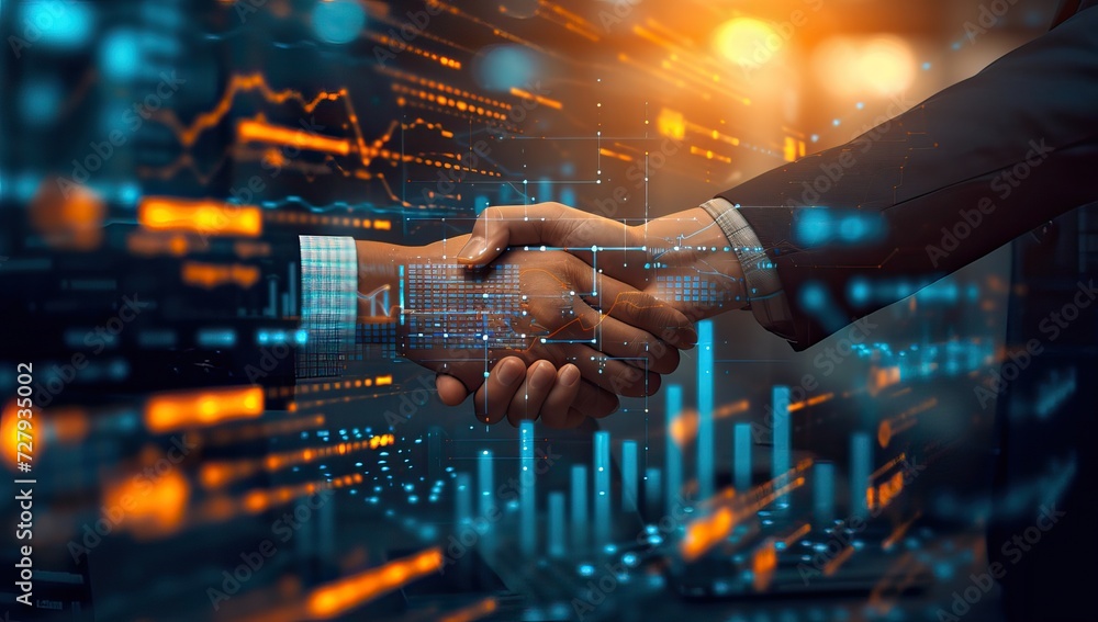 Businessmen sealing a deal with a digital handshake Businessmen sealing a deal with a digital handshake