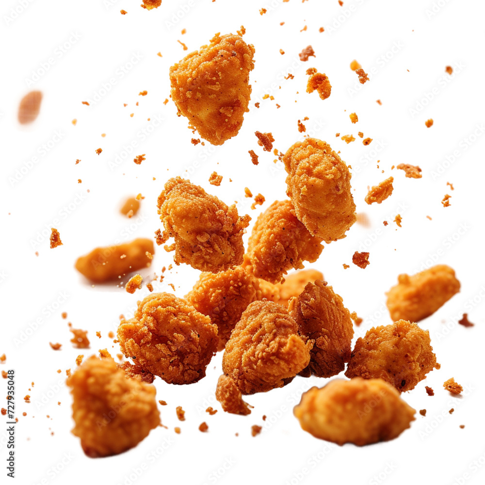 Fried chicken nuggets with crumbs falling.
Fried chicken nuggets with crumbs falling.