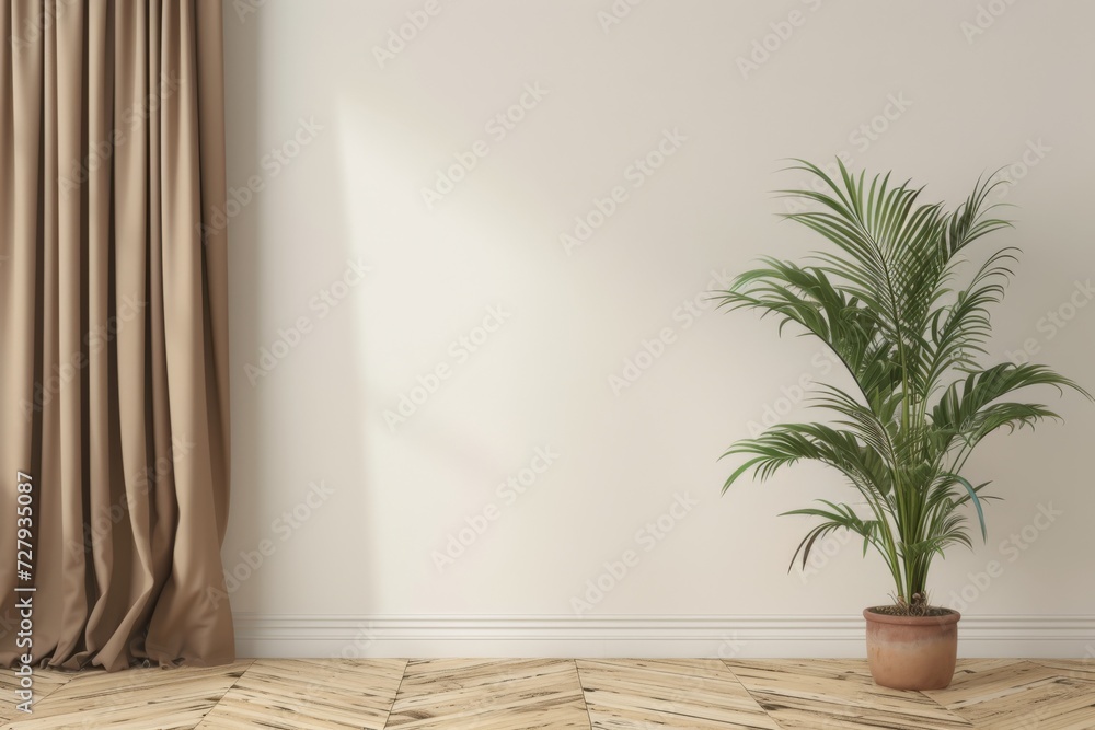 Transform your space with the tranquil allure of this palm tree plant set against a beige wall, adorned with a mock brown curtain, bringing a touch of nature to your interior design Transform your space with the tranquil allure of this palm tree plant set against a beige wall, adorned with a mock brown curtain, bringing a touch of nature to your interior design