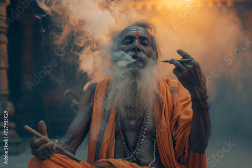 spiritual Indian old man celebrates religious ritual photo