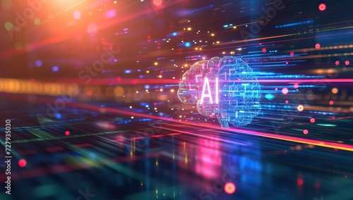AI brain illuminated with data streams