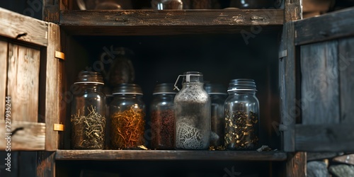 Vintage kitchen cabinet with glass jars of spices. rustic home decor and organic ingredients arrangement. homestyle cooking and pantry staple storage. AI