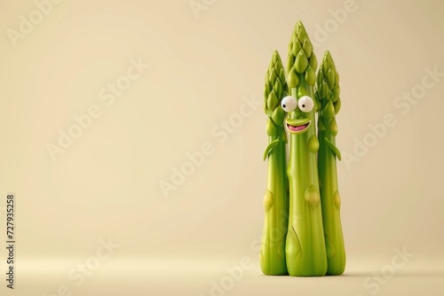 Cute asparagus 3d cartoon character, beige solid light color background
