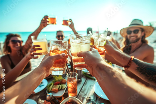 Group of buddies raising a toast during a lively bachelor party at a beachside bar.