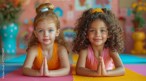 Two Little Girls Sitting on a Mat in a Room