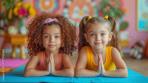 Two Young Girls Sitting on a Yoga Mat
