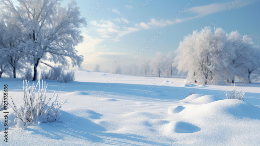 A serene snowy landscape bathed in the soft light of a winter morning, with trees cloaked in frost and fresh snow blanketing the ground. A serene snowy landscape bathed in the soft light of a winter morning, with trees cloaked in frost and fresh snow blanketing the ground.