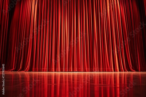  Luxurious deep red velvet curtains drape gracefully on a stage, reflecting on the polished wooden floor, awaiting an audience.