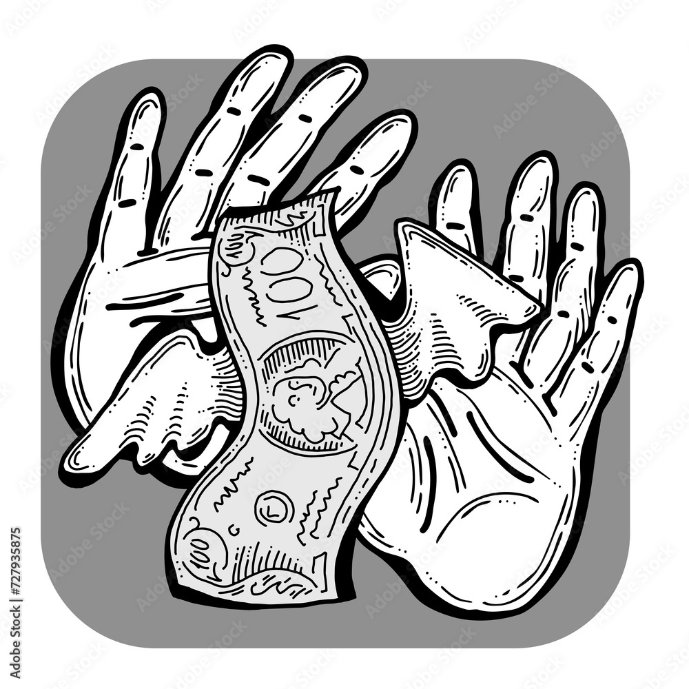 Fototapeta premium Big dollars banknotes money in your hands. Finance business, commerce, payment economy theme for poster print, design elements. Take or give loan. Hand drawn illustration. Cartoon style drawing.