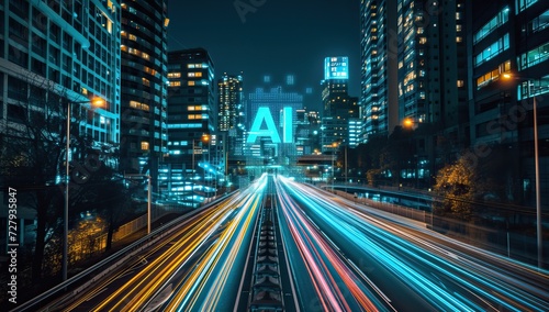 Illuminated AI sign in vibrant cityscape at night