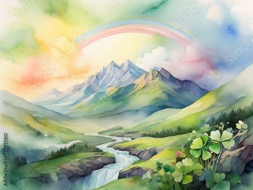 landscape with mountains and rainbow wallpaper.  Generative AI