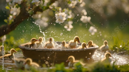 Adorable ducklings bathing in a tub amidst blossoming trees. a serene and charming springtime moment captured. perfect for nature themes. AI