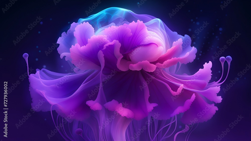Jellyfish gracefully swim in the water of a vibrant aquarium, surrounded by colorful flowers, blend of purple, pink, blue, and violet hues Jellyfish gracefully swim in the water of a vibrant aquarium, surrounded by colorful flowers, blend of purple, pink, blue, and violet hues