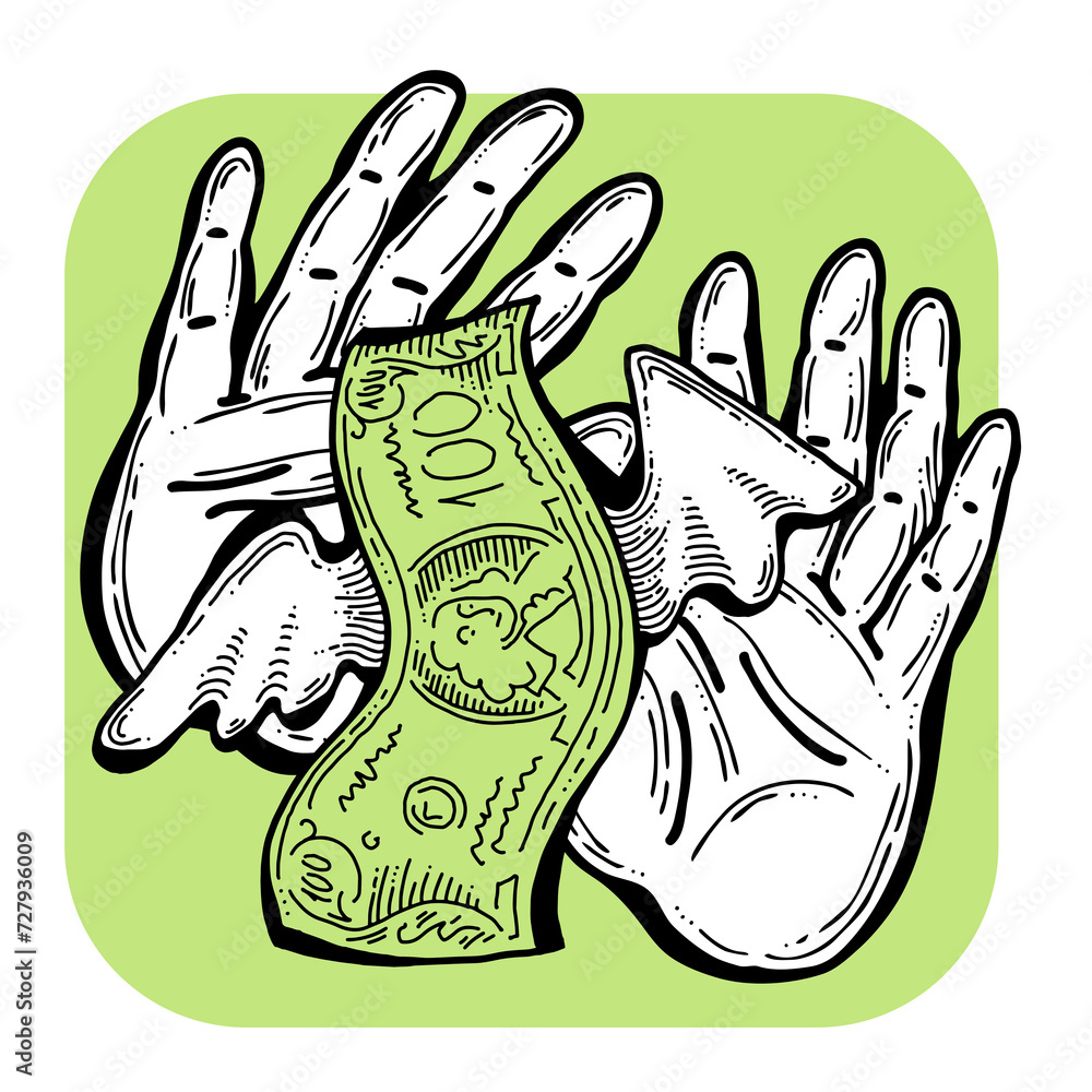 Fototapeta premium Big dollars banknotes money in your hands. Finance business, commerce, payment economy theme for poster print, design elements. Take or give loan. Hand drawn illustration. Cartoon style drawing.