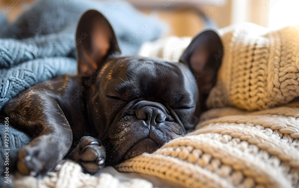 cute little french bulldog sleeping on a pillow, warm soft bed. Pet, puppy sleeping at bed, daylight.