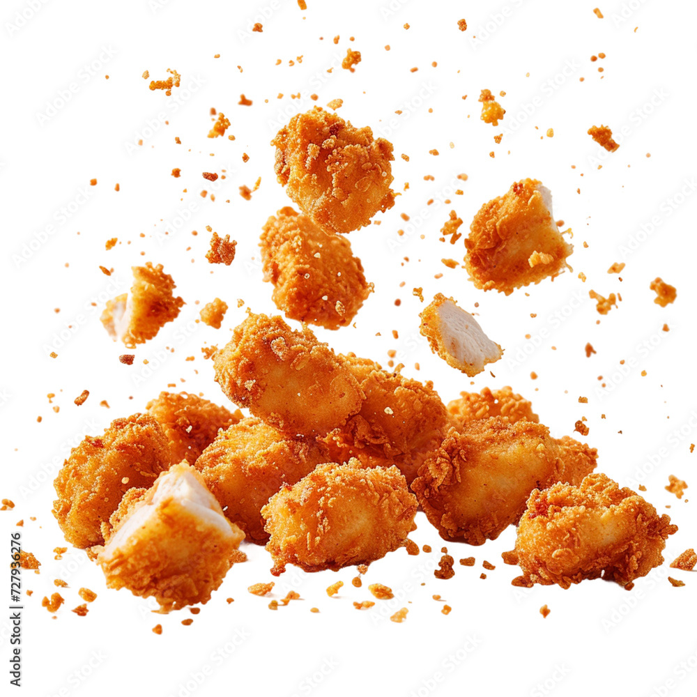 Fried chicken nuggets with crumbs falling.
Fried chicken nuggets with crumbs falling.