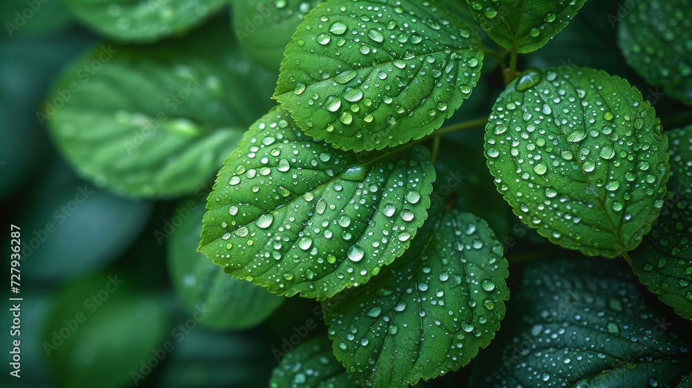 Obraz premium Droplets on Leaves, Close-ups of rain or dew droplets on leaves, emphasizing nature's beauty.