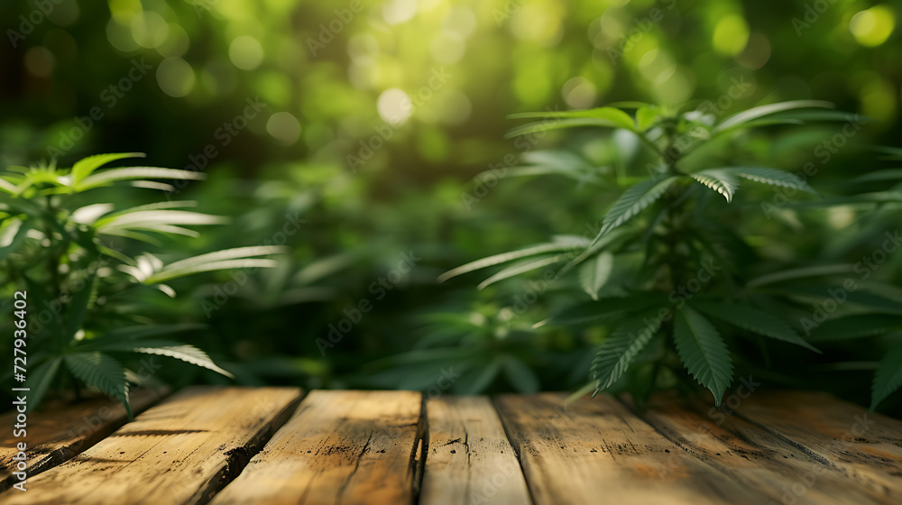 Natürlicher Fokus: Holztisch mit unscharfem Cannabis-Hintergrund für Produktpräsentationen Natürlicher Fokus: Holztisch mit unscharfem Cannabis-Hintergrund für Produktpräsentationen