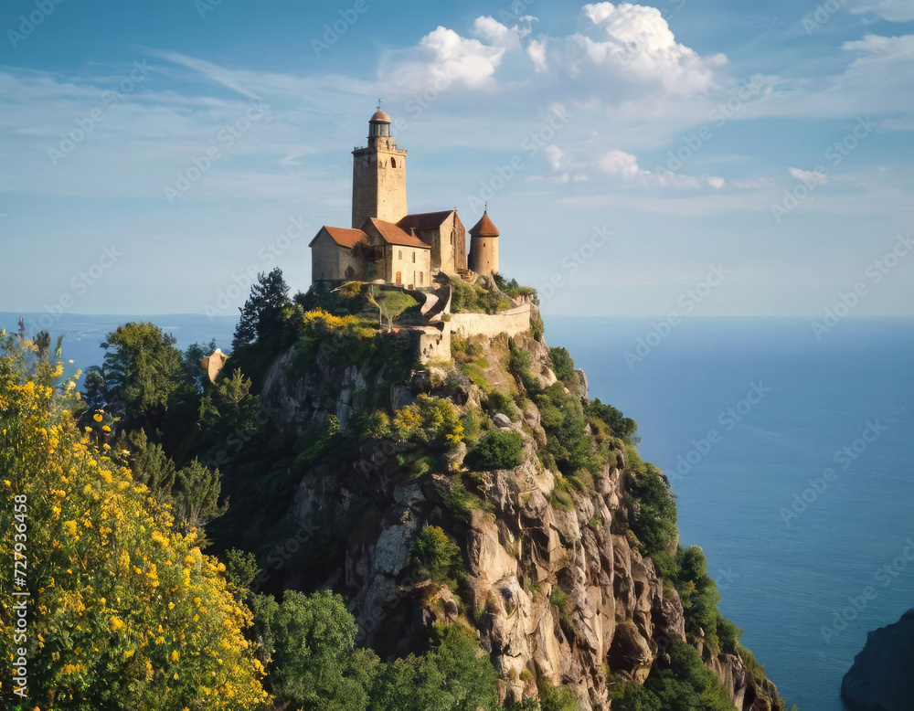 Medieval castle on top of a cliff, surrounded by walls, stones, green trees, pine trees, grass, stone walls, high towers, gray roofs, under a beautiful blue sky.