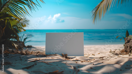 Blank white empty paper board frame billboard sign on the beach at summer for ad advertising with copy space for text on the city street  travel vacation business announcement promotion concept