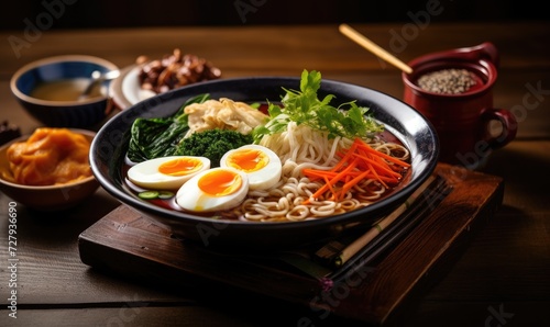Bowl of Ramen With Hard Boiled Eggs, Carrots, Broccoli