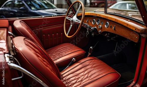 Interior of Classic Car With Red Leather Seats © uhdenis
