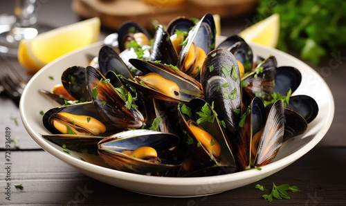 White Bowl Filled With Mussels Garnished With Parsley