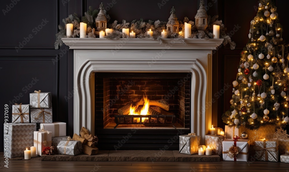 Festive Fireplace With Christmas Tree and Presents