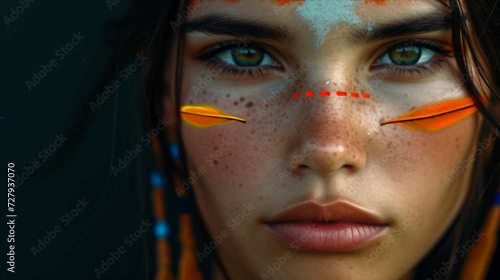 Woman in warrior spirit colors on dark background