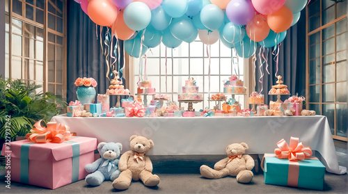 Baby shower party concept. Pink and blue gift boxes with colorful balloons and cute teddy bears. Celebrating child birthday photo