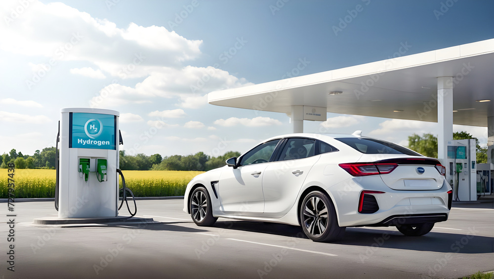 Modern white car parked in front of hydrogen refuelling station. Hydrogen fuel charging station. Green energy and zero emission transport Modern white car parked in front of hydrogen refuelling station. Hydrogen fuel charging station. Green energy and zero emission transport