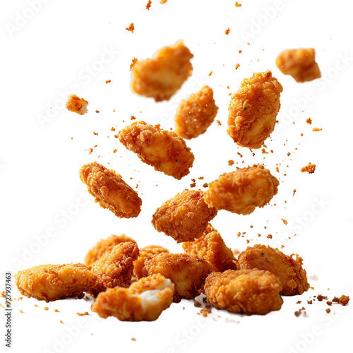 
Fried chicken nuggets with crumbs falling.
