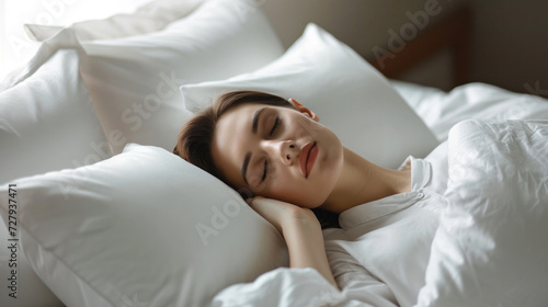 Beautiful Attractive woman sleep and sweet dream lying on bed in cozy bedroom in morning feeling so relax and comfortable. Healthy Young female sleep with bedtime at home. Healthcare Concept