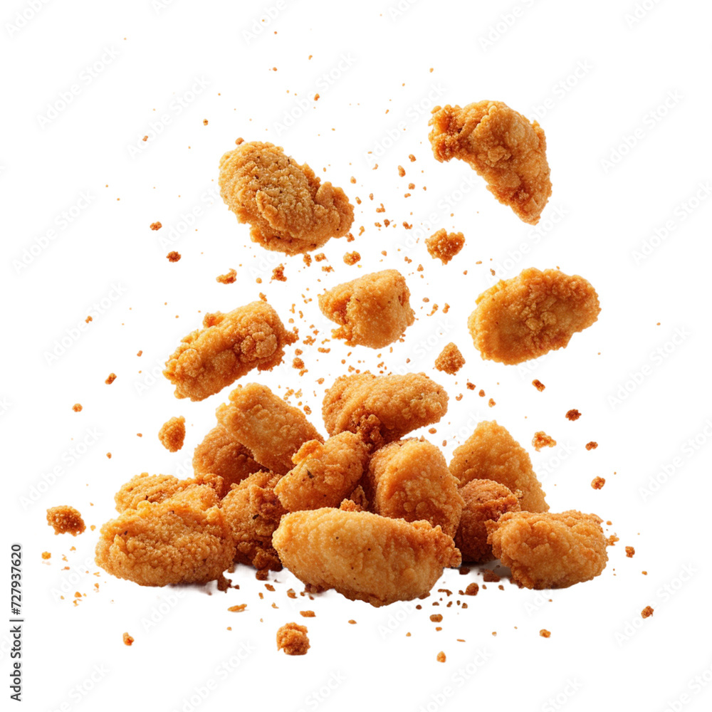 Fried chicken nuggets with crumbs falling.
Fried chicken nuggets with crumbs falling.