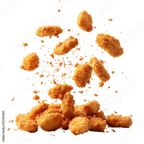  Fried chicken nuggets with crumbs falling. 