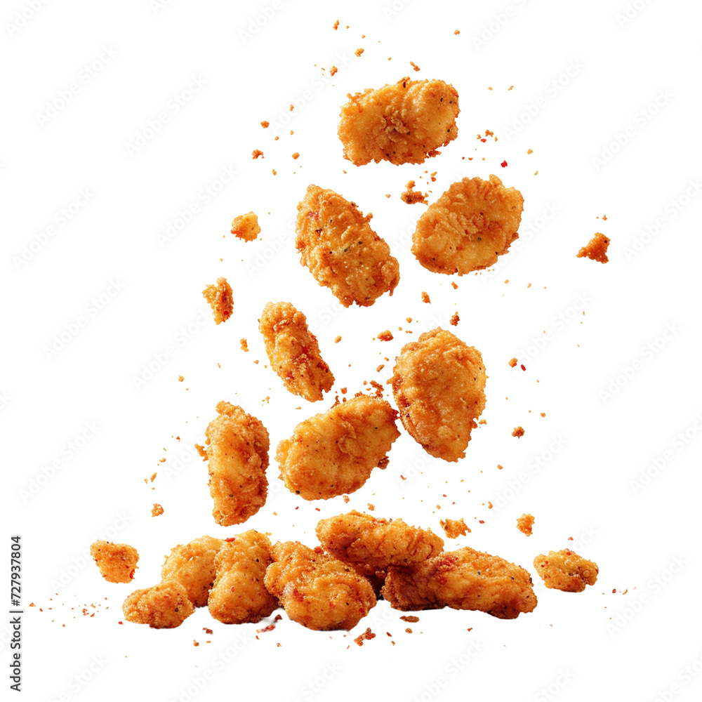 Fried chicken nuggets with crumbs falling.
Fried chicken nuggets with crumbs falling.