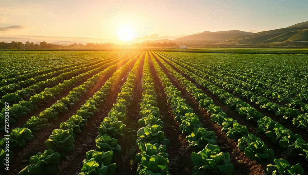 Rows of lettuce plants in a field with the sun in the background Rows of lettuce plants in a field with the sun in the background