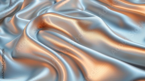 A shiny satin fabric, flowing gracefully, reflecting light off its smooth surface, and revealing its luxurious sheen against a white backdrop photo