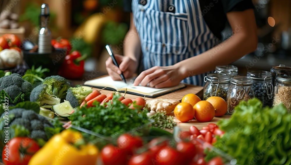 Woman planning meal with fresh vegetables Woman planning meal with fresh vegetables