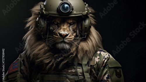 Lion dressed in military uniform as a soldier