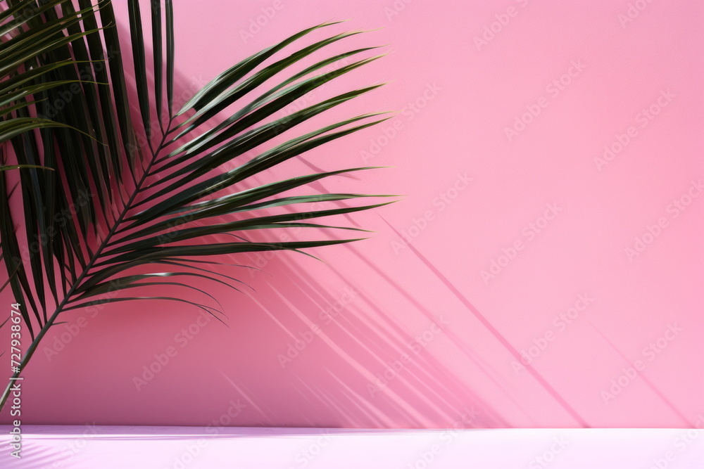 Palm leaf shadow creating an artistic pattern on a pink wall