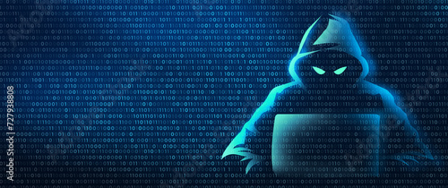 Fototapeta Naklejka Na Ścianę i Meble -  Hacker in binary code digital background. Cyber crime and internet privacy hacking. Network security, Cyber attack, Computer Virus, Ransomware, and Malware Concept. 2D illustration.