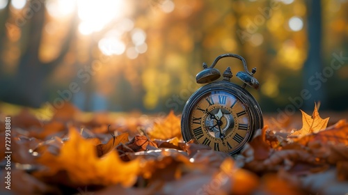 Vintage timepiece nestled among autumn leaves depicting the passage of time photo