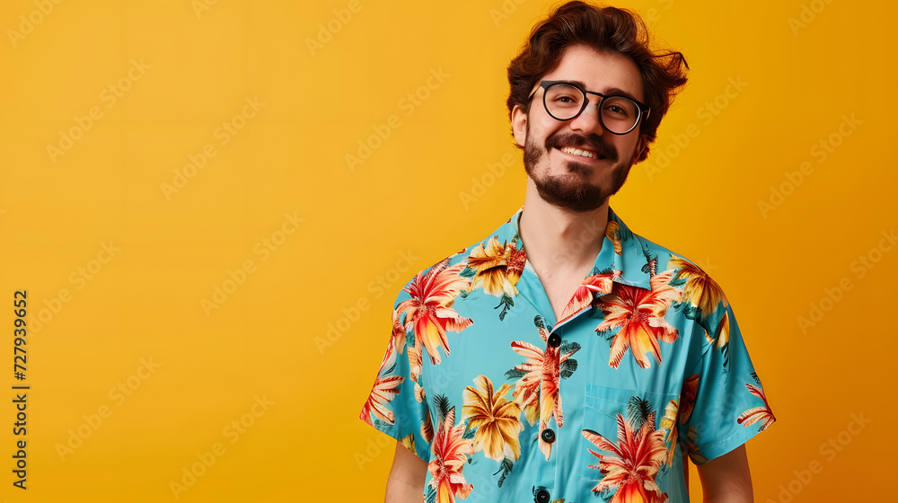 Close up of man wearing floral summer t-shirt and sunglasses isolated on yellow background, summertime, positive young, half body. copy space, mockup. Close up of man wearing floral summer t-shirt and sunglasses isolated on yellow background, summertime, positive young, half body. copy space, mockup.
